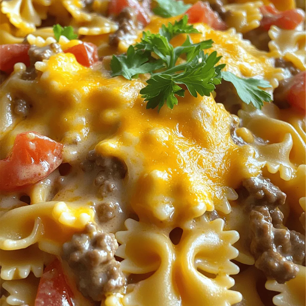 To make Cheesy Beef and Bowtie Pasta, you need some key ingredients. Here’s a simple list: