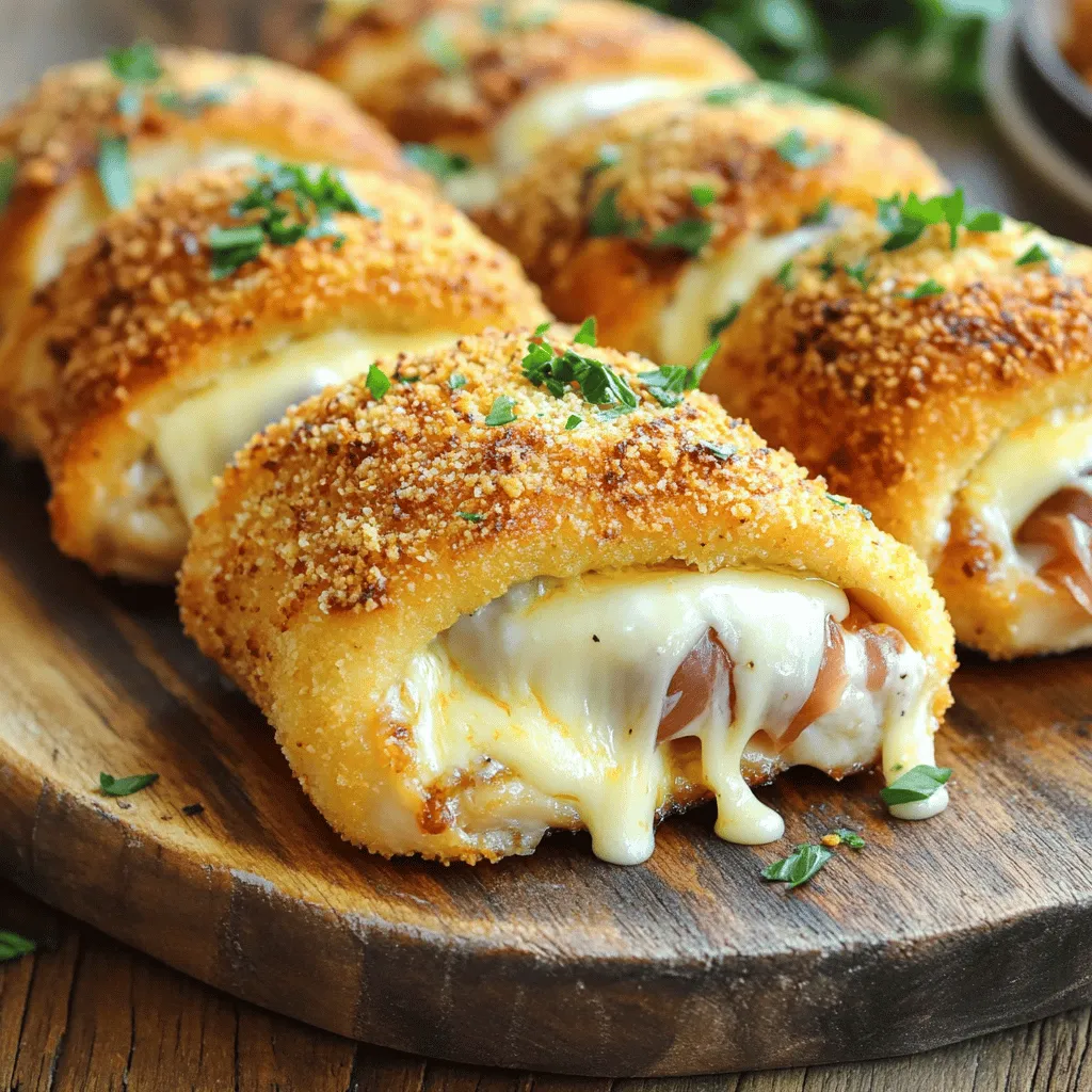 - 4 boneless, skinless chicken breasts - 4 slices of ham (preferably prosciutto for depth of flavor) - 4 slices of Swiss cheese - 1 cup all-purpose flour - 2 large eggs, beaten - 1 cup panko breadcrumbs - 1 teaspoon garlic powder - 1 teaspoon dried thyme - Salt and pepper to taste - ½ cup cream cheese, softened (for a rich, creamy filling) - ¼ cup Dijon mustard (adds a tangy kick) - 2 tablespoons fresh parsley, chopped (for garnish) - Cooking oil (for frying) To boost the taste of your Chicken Cordon Bleu, consider adding: - Smoked paprika for a smoky flavor - Fresh herbs like basil or oregano for an aromatic touch - A splash of white wine to the frying oil for depth The right oil makes a difference in frying. Use these oils for best results: - Canola oil: High smoke point and neutral flavor - Peanut oil: Adds a subtle nutty taste with a high smoke point - Olive oil: Great for a rich flavor, but use with care due to a lower smoke point These choices help you achieve that perfect crispy, golden crust while keeping the inside creamy and delicious.Start by preheating your oven to 375°F (190°C). Take one chicken breast and place it between two sheets of plastic wrap. Use a meat mallet to gently pound it until it is about ¼ inch thick. This step helps the chicken cook evenly. Repeat this for all the chicken breasts. Make sure they are nice and flat for easy rolling. For each chicken breast, spread 1 tablespoon of softened cream cheese evenly over the top. Next, add 1 tablespoon of Dijon mustard for that tangy flavor. Layer on 1 slice of ham and 1 slice of Swiss cheese. This filling balances the rich and creamy elements of the dish. Set up three shallow dishes. One should hold seasoned flour mixed with garlic powder, thyme, salt, and pepper. The second dish contains beaten eggs. The last dish is filled with panko breadcrumbs. Take each rolled chicken breast. First, dredge it in the seasoned flour, shaking off any extra. Next, dip it in the egg wash, letting the excess drip off. Finally, roll it in the panko breadcrumbs. Make sure each piece is well-coated for that crispy finish. Ready to fry? Heat about ¼ inch of cooking oil in a large skillet over medium-high heat. Once shimmering, place the chicken rolls in the hot oil. Fry them for about 4-5 minutes on each side until they are golden brown and crispy. Avoid overcrowding the pan. You may need to fry in batches. Once fried, transfer the chicken rolls to a baking dish and place them in your preheated oven. Bake for an extra 15-20 minutes. Ensure the internal temperature reaches 165°F (74°C) for safety. After baking, remove any toothpicks from the chicken rolls. Slice each piece diagonally and arrange them on a platter. Sprinkle with chopped parsley for a pop of color.For that ideal crunch, use panko breadcrumbs. They are lighter than regular breadcrumbs. Make sure to coat the chicken well. Dredge it in seasoned flour, then dip into the egg, and finally roll in panko. This method creates a thick, crispy layer. Fry the chicken until golden brown. Fry in batches to keep the oil hot. To keep the filling creamy, use softened cream cheese. Mix it with Dijon mustard for extra flavor. Spread both evenly on the chicken before adding ham and Swiss cheese. This combination keeps the filling rich and moist. Don’t skip this step; it makes all the difference in taste. Fry each chicken roll for about 4-5 minutes per side. This helps achieve a golden crust. Once fried, bake the chicken in the oven for 15-20 minutes. This ensures the chicken cooks through without drying out. Always check the internal temperature; it should reach 165°F (74°C). This way, you secure a juicy and safe meal.{{image_4}} If you want a lighter version of crispy creamy chicken cordon bleu, try swapping out a few ingredients. Use turkey or chicken ham instead of regular ham. This change cuts down on fat and calories while still giving you that savory taste. For cheese, opt for low-fat Swiss or even mozzarella. These options melt well and keep the dish creamy. Instead of cream cheese, choose Greek yogurt for a tangy twist. It adds creaminess but with fewer calories. While Swiss cheese is classic, you can experiment with other cheeses. Try provolone for a sharper taste. It melts beautifully and adds a nice zing. Gouda gives a rich, nutty flavor, which is excellent for a unique twist. If you enjoy blue cheese, add a little for a bold kick. Just remember, different cheeses can change the dish’s overall flavor. Mix and match to find your favorite! Get creative with your stuffing! Instead of ham and Swiss, try chicken or spinach for a veggie-packed version. Adding roasted red peppers gives a sweet and smoky flavor. You can also use sun-dried tomatoes for a Mediterranean flair. If you want a spicy kick, add jalapeños or pepper jack cheese. This flexibility allows you to tailor the dish to your tastes.To keep your chicken cordon bleu fresh, store leftovers in an airtight container. Let the chicken cool down first. Place parchment paper between layers to avoid sogginess. Your leftovers will stay tasty for up to three days in the fridge. You can freeze both uncooked and cooked chicken cordon bleu. For uncooked rolls, wrap each one tightly in plastic wrap, then place them in a freezer bag. This way, they won’t stick together. You can freeze them for up to three months. For cooked rolls, let them cool, then wrap and freeze them. They will keep well for about two months. To reheat your chicken cordon bleu and keep it crispy, use the oven. Preheat the oven to 375°F (190°C). Place the chicken on a baking sheet and heat for about 15-20 minutes. This method helps keep the coating crunchy. Avoid the microwave, as it can make the chicken soggy. For extra crunch, you can also briefly pan-fry them again in a bit of oil. To keep your chicken juicy, pound it evenly. This helps it cook at the same rate. Use a meat thermometer to check the temperature. Chicken should reach 165°F to be safe and tender. Also, don’t overcook it. Frying and then baking helps seal in moisture. Yes, you can prepare Chicken Cordon Bleu ahead of time. Assemble the rolls and coat them, then place them in the fridge for a few hours. You can also freeze them. Just remember to thaw before frying or baking. This saves time on busy days. Many sides go well with Chicken Cordon Bleu. Here are some tasty options: - Mixed greens salad - Roasted vegetables - Garlic mashed potatoes - Steamed asparagus - Rice pilaf These sides complement the rich flavors of the chicken. They also add color and texture to your plate.You can make Crispy Creamy Chicken Cordon Bleu easy and fun. Start with the right ingredients, like chicken breasts and tasty cheese. Follow the simple steps for a delicious meal. Remember the tips for crispiness and creaminess. Try different flavors and store leftovers properly. Your cooking can impress family and friends. Enjoy your cooking journey with this classic dish!