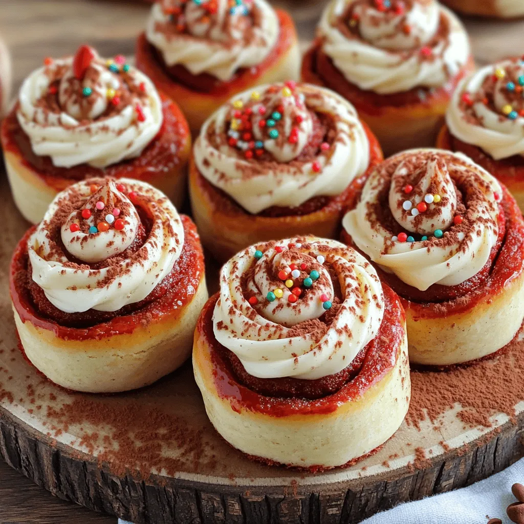To make the red velvet cinnamon rolls, you will need these simple ingredients. They create a tasty treat that everyone loves. - 2 ½ cups all-purpose flour - 1 packet (2 ¼ teaspoons) instant yeast - ½ cup granulated sugar - ½ teaspoon salt - 2 tablespoons unsweetened cocoa powder - ½ cup milk (warmed to 110°F) - ¼ cup unsalted butter (melted) - 1 large egg - 2 tablespoons red food coloring - 1 teaspoon vanilla extract - ½ cup brown sugar (packed) - 2 teaspoons ground cinnamon - ¼ cup unsalted butter (softened for filling) - Cream cheese frosting (for topping) Each ingredient plays a key role. The flour gives structure, while the yeast helps the rolls rise. Sugar adds sweetness, and cocoa gives that rich flavor. The red food coloring makes the rolls pop with color, turning them into a festive dessert.It will guide you through every step to make these delightful rolls. Remember, great ingredients lead to great results! 1. Start by grabbing a large mixing bowl. Add 2 ½ cups of all-purpose flour. 2. Next, sprinkle in one packet of instant yeast, ½ cup of granulated sugar, ½ teaspoon of salt, and 2 tablespoons of cocoa powder. Whisk these dry ingredients well. 3. In another bowl, mix ½ cup of warmed milk, ¼ cup of melted unsalted butter, one large egg, 2 tablespoons of red food coloring, and 1 teaspoon of vanilla extract. Whisk until smooth. 4. Slowly pour the wet mixture into the dry ingredients. Stir gently until the dough forms. Add more flour as needed until a soft dough forms. 1. Turn the dough out onto a floured surface. Knead the dough for about 5-7 minutes. It should become smooth and elastic. 2. Shape the dough into a ball. Place it in a greased bowl. Cover with a towel and let it rise in a warm area for about 1 hour, or until it doubles in size. 1. Once the dough has risen, punch it down gently. Roll it out on a floured surface into a rectangle about 10x18 inches. 2. Spread ¼ cup of softened butter over the dough. In a small bowl, mix ½ cup of packed brown sugar and 2 teaspoons of ground cinnamon. Sprinkle this mixture evenly over the buttered dough. 3. Start from one long edge and roll the dough into a tight cylinder. Pinch the edges to seal it well. 4. Using a sharp knife, cut the roll into 12 equal pieces. Place the cut rolls in a greased 9x13 inch baking dish, leaving space in between. Cover with a towel and let rise for another 30 minutes. 1. Preheat your oven to 350°F (175°C). Once the rolls have risen, bake them for 25-30 minutes. They should look golden on top. 2. After baking, let the rolls cool for about 10 minutes. Drizzle with cream cheese frosting before serving. This recipe is simple and fun!Enjoy your delicious red velvet cinnamon rolls! Using the right flour and yeast is key for great rolls. I prefer all-purpose flour for its balance. Instant yeast works fast and gives a nice rise. Always check the date on your yeast; old yeast won’t rise well. When it comes to warmth for rising, choose a cozy spot in your kitchen. Yeast loves warmth, so avoid cold areas. Try placing the dough near a warm oven or on a sunny windowsill. Cover it with a towel. This keeps the dough warm and helps it rise. For cream cheese frosting, I recommend a classic recipe. Mix cream cheese with butter, sugar, and vanilla. This is rich and pairs well with the rolls. You can also add a pinch of salt for balance. Drizzling techniques add charm. Use a squeeze bottle for precise drizzles. You can also use a spoon for a more rustic look. Just don’t be shy; a generous drizzle makes it more inviting! For special occasions, serve these rolls on a large platter. They look stunning stacked high. Warm rolls are best, so heat them just before serving. For plating, consider adding garnishes. A light dusting of cocoa powder or colorful sprinkles can brighten the dish. Fresh berries or mint leaves also add a pop of color. Your guests will love this visual appeal! {{image_4}} You can easily change the flavor of your red velvet cinnamon rolls. Adding chocolate chips gives a sweet surprise inside. Nuts like pecans or walnuts add a nice crunch, too. You can also explore different frosting flavors. Try a vanilla or chocolate frosting instead of cream cheese. This adds a unique twist to each roll, making them a fun treat! For a healthier version, consider using whole wheat flour. This adds fiber and nutrients, while still keeping the rolls soft. Reducing sugar can also make the rolls healthier. You can cut the sugar by a third without losing taste. Using mashed bananas or applesauce can help keep the sweetness. These small changes make a big impact on your cinnamon rolls! Making mini cinnamon rolls is simple and fun. Roll the dough into a smaller rectangle before cutting. You can cut them into smaller pieces for bite-sized treats. This is great for brunch or parties. Serve them on a platter with different frostings for guests to enjoy. You can even add toppings like sprinkles for a festive look.To keep your red velvet cinnamon rolls fresh, wrap them well. Use plastic wrap or foil. Store them in the fridge. They stay good for about 3 to 5 days. Make sure they are cool before wrapping. This keeps the rolls from becoming soggy. You can freeze unbaked rolls for later use. After cutting the rolls, place them on a baking sheet. Freeze them for about 2 hours until firm. Then, transfer them to a freezer bag. They can last up to 3 months in the freezer. To reheat frozen rolls, let them thaw in the fridge overnight. Once thawed, bake them at 350°F (175°C) for about 15 to 20 minutes. This will warm them up and make them soft again. For best results, reheat your leftover rolls in an oven. Preheat the oven to 350°F (175°C). Place the rolls in a baking dish. Cover them with foil to keep moisture in. Heat for about 10 to 15 minutes. You can also use a microwave, but they may not be as soft. Heat them for 20 to 30 seconds. Enjoy your delicious red velvet cinnamon rolls warm! Making Red Velvet Cinnamon Rolls takes about 2 hours. This includes 30 minutes for prep and about 1 hour for the dough to rise. You then bake for 25-30 minutes. Timing is key for the perfect roll! Yes, you can make the dough ahead of time! After mixing, cover it and place it in the fridge. Leave it overnight for a slower rise. This method helps develop flavors. Before rolling, let the dough sit at room temperature for 30 minutes. You can find pre-made Red Velvet Cinnamon Rolls at local bakeries. Many grocery stores also stock them in the bakery section. Check places like Whole Foods or specialty shops. Always look for fresh options for the best taste! If you want a change from cream cheese frosting, try buttercream. It’s sweet and fluffy. You could also use vanilla glaze for a lighter touch. For a fruity twist, consider a strawberry or raspberry frosting. Each option adds a unique flavor! This post covered how to make delightful red velvet cinnamon rolls from scratch. We discussed the key ingredients, detailed instructions, and helpful tips. You can also explore fun variations and storage methods to keep your rolls fresh. Whether you serve them for brunch or enjoy them as a special treat, these rolls will surely impress. Get ready to savor each bite and share these tasty creations with friends and family!