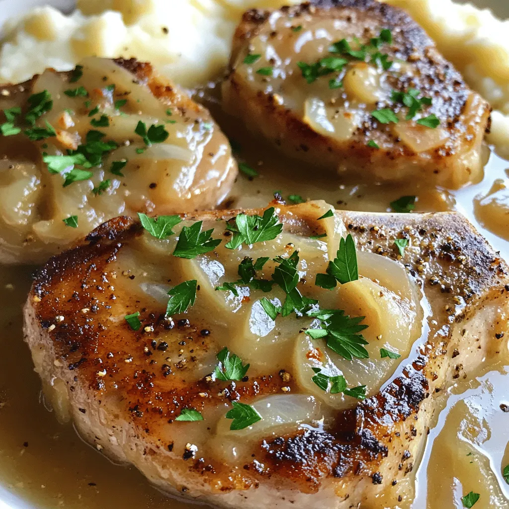 - 4 bone-in pork chops (approximately 1 inch thick) - Salt and freshly ground pepper, to taste - 2 tablespoons extra virgin olive oil - 1 medium onion, thinly sliced - 2 cloves of garlic, minced - 1 cup low-sodium chicken broth - 1 tablespoon Worcestershire sauce - 1 teaspoon dried thyme - 1 teaspoon smoked paprika - 1 cup heavy cream - 1 tablespoon cornstarch mixed with 2 tablespoons cold water (optional, for thickening) - Fresh parsley, finely chopped (for garnish) You can add a few extra ingredients to boost taste. For a tangy twist, try adding a splash of lemon juice. A dash of hot sauce can bring some heat. If you prefer a sweeter sauce, consider adding a tablespoon of honey or brown sugar. You can swap some ingredients for different flavors. Use boneless chops if you like. Chicken broth can be replaced with vegetable broth for a lighter option. Instead of heavy cream, you can use coconut milk for a dairy-free version. If you want less salt, use low-sodium options for all broth and sauces. First, take your pork chops and pat them dry with a paper towel. This helps the seasoning stick better. Then, rub salt and pepper on both sides of the chops. Don’t be shy with the seasoning; it adds great flavor. Let the chops sit for a few minutes. This step allows the salt to penetrate the meat. Next, heat two tablespoons of extra virgin olive oil in a large skillet over medium-high heat. When the oil shimmers, it