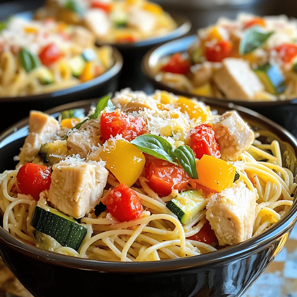 To make flavorful chicken spaghetti, gather these ingredients: - 2 boneless, skinless chicken breasts, cut into bite-sized cubes - 8 ounces spaghetti - 1 tablespoon olive oil - 1 medium onion, finely diced - 3 cloves garlic, minced - 1 red bell pepper, thinly sliced - 1 zucchini, sliced into half-moons - 1 can (14 ounces) diced tomatoes, undrained - 1 cup chicken broth - 1 teaspoon dried basil - 1 teaspoon dried oregano - ½ teaspoon red pepper flakes (adjust to your heat preference) - Salt and pepper to taste - Fresh basil leaves, for garnish - Grated Parmesan cheese, for serving
